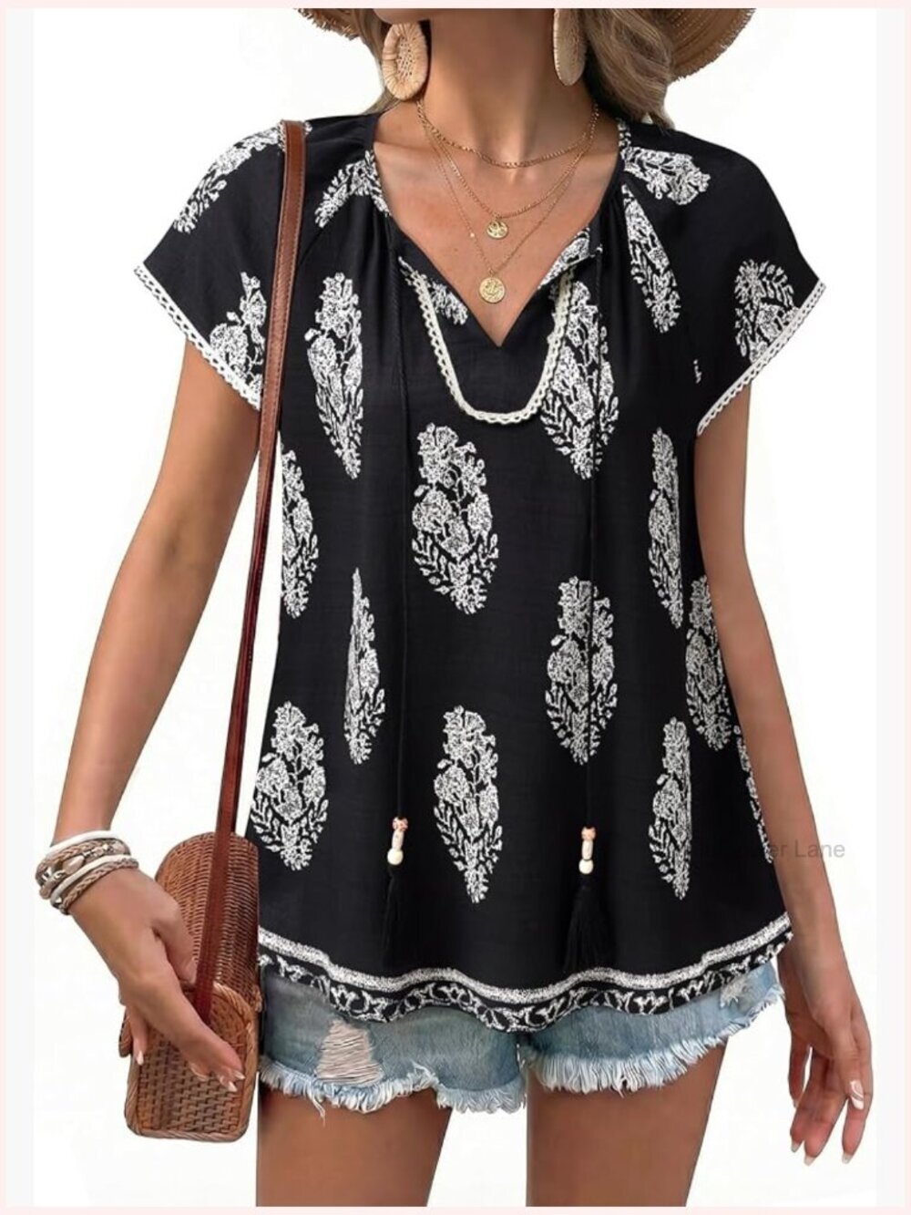Women's Boho Floral Peasant Blouse - Loose Flowy V Neck Tunic Top with Tassel